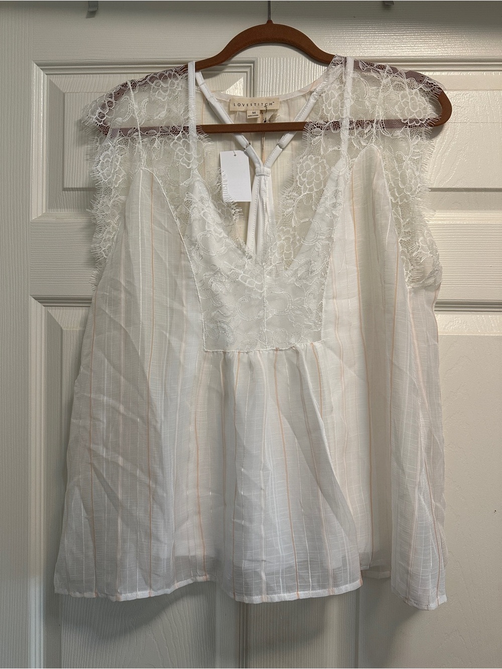 lovestitch White Lace-Trim V-Neck Sheer Stripe Blouse NWT